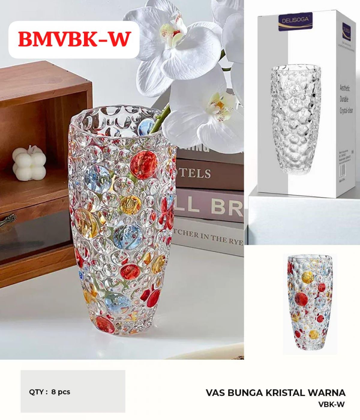 VAS BUNGA KRISTAL WARNA BMVBK-W TINGGI 25.5CM DIAMETER 10CM ISI 8 PCS