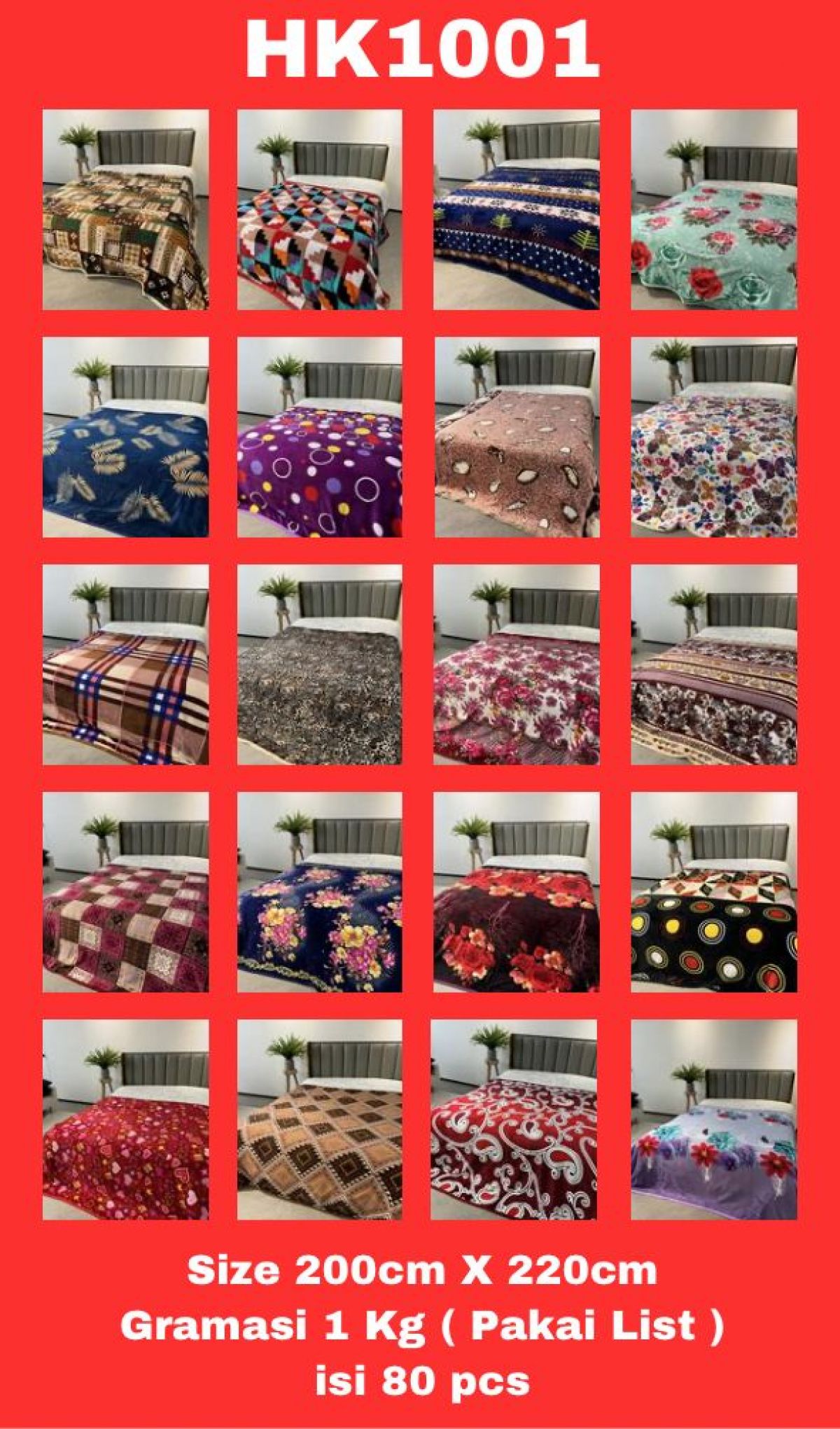 SELIMUT DEWASA HK1001 SIZE 200CM*230CM 1KG ISI 80 PCS ( PAKAI LIST )