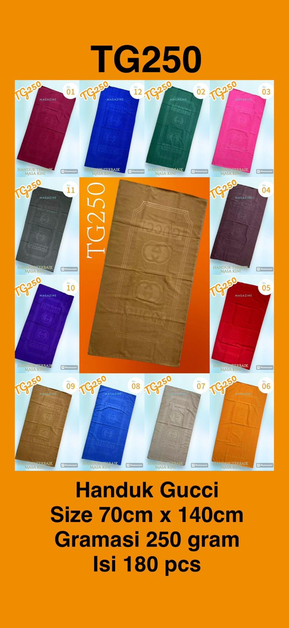 HANDUK GUCCI TG250 SIZE 70CM * 140CM ISI 180 PCS