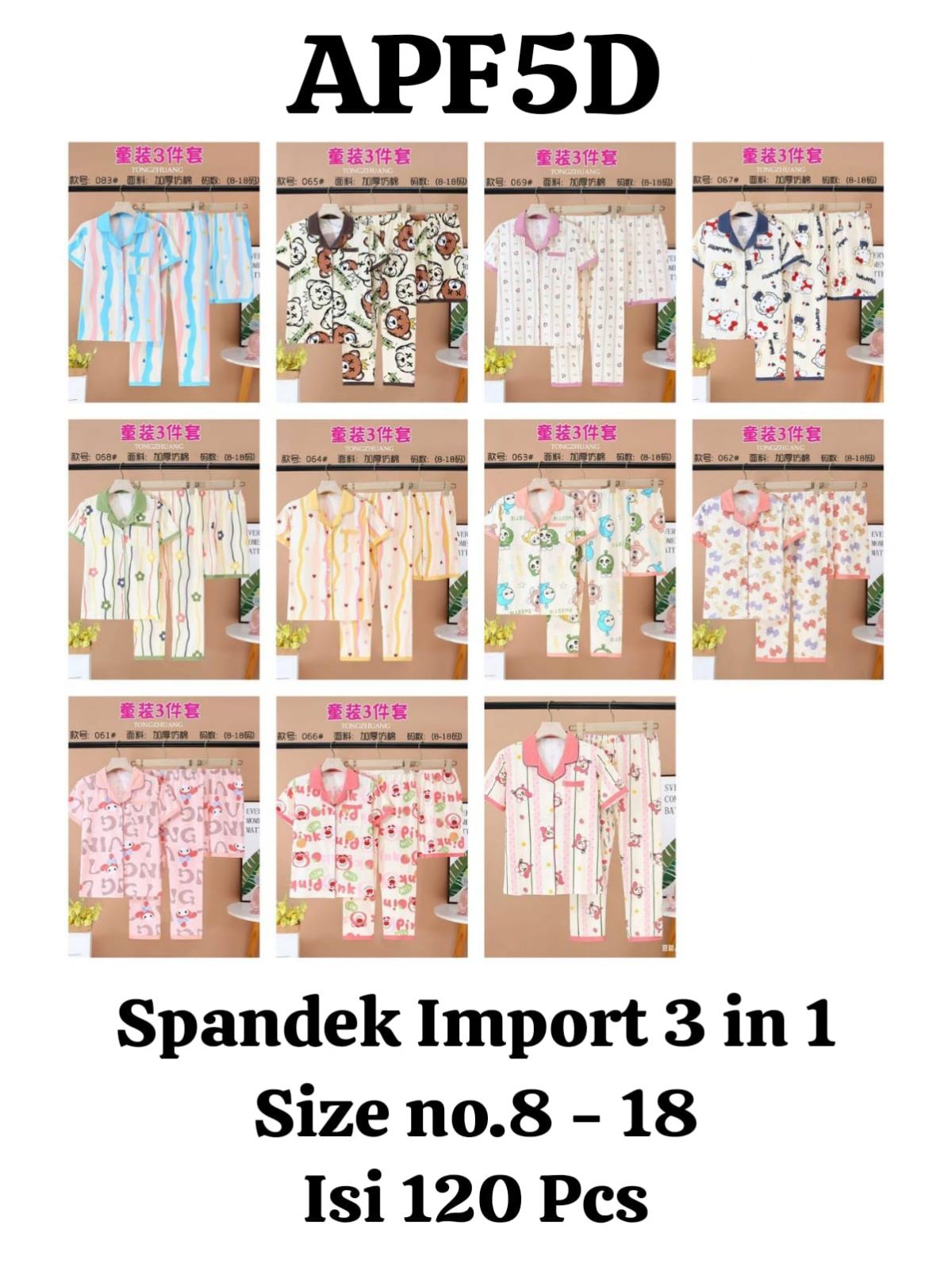 BAJU TIDUR SPANDEK IMPORT APF5D SIZE NO. 8 - 18 ISI 120 PCS