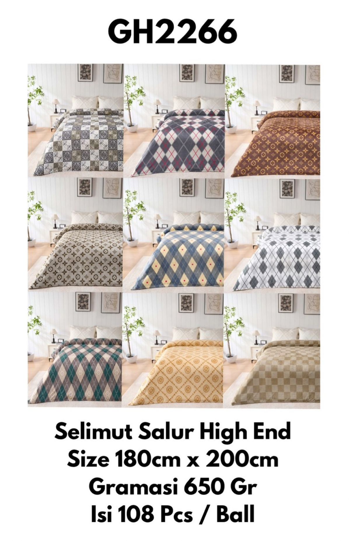 SELIMUT SALUR HIGH END GH2266 SIZE 180CM * 200CM GRAMASI 650 GR ISI 108 PCS