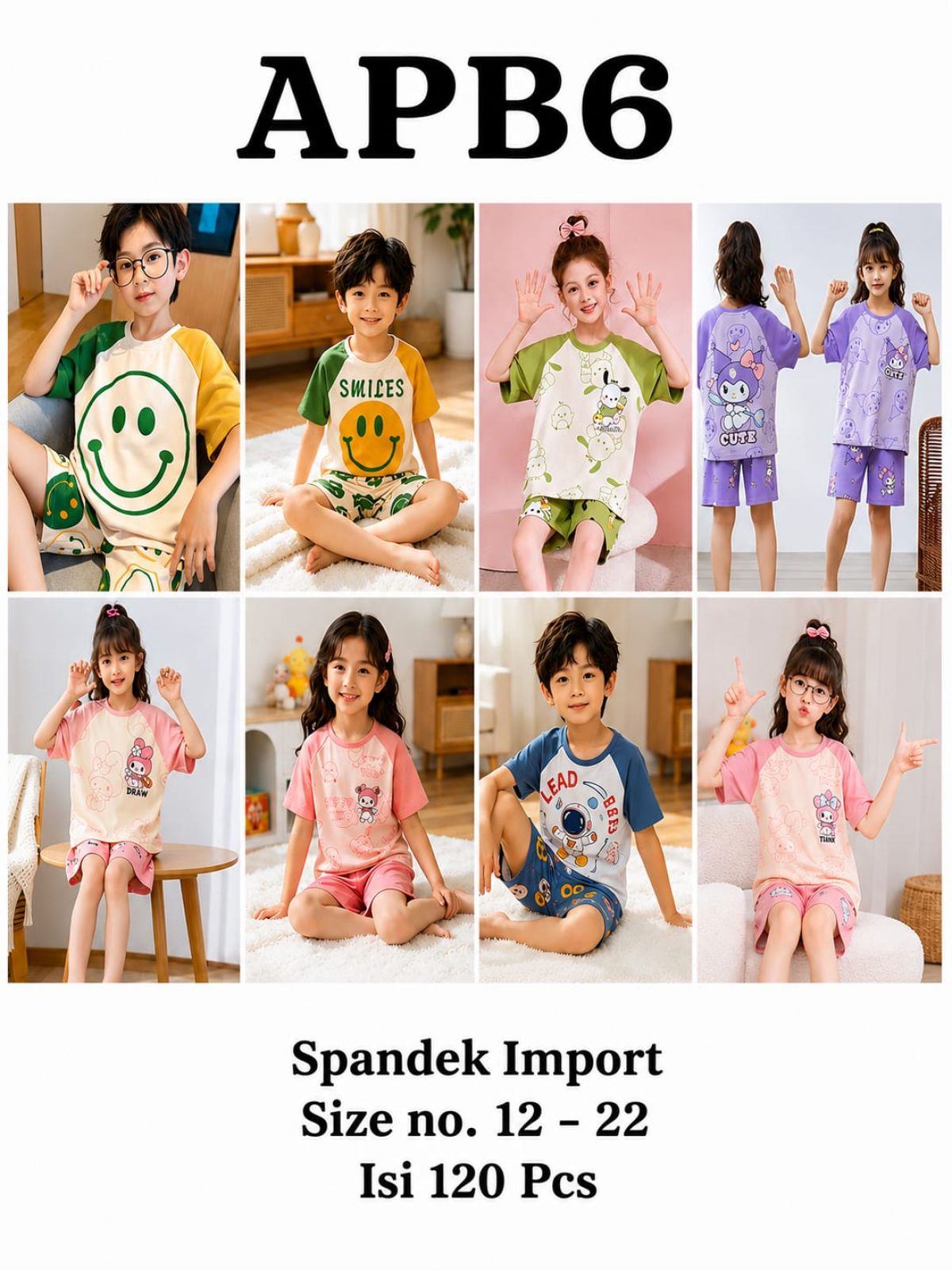 BAJU TIDUR SPANDEK HALUS IMPORT APB6 SIZE NO. 12 - 22 ISI 120 PCS